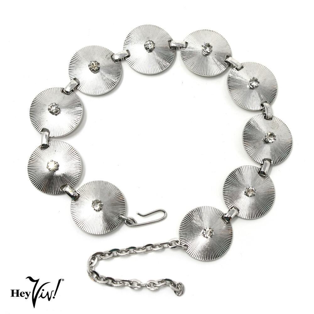 Vintage Choker Necklace Silver Sparkle Metal Discs w Rhinestones 14" - Hey Viv